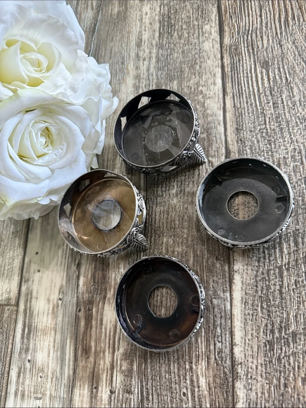 🌟VINTAGE 🌟Pewter Silver Rose Candle Holder, SET 2